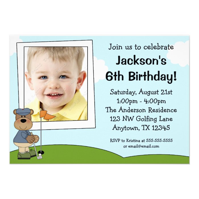Kids Golf Bear Photo Birthday Party Invitations