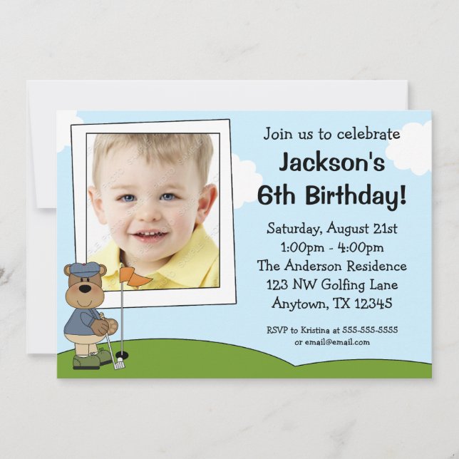 Kids Golf Bear Photo Birthday Party Invitations (Front)