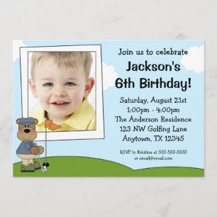 Kids Golf Bear Photo Birthday Party Invitations