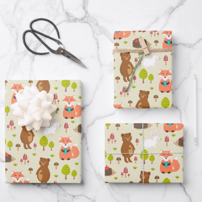 Kids Good Morning Forest Animals Fox Bear Bunny Wrapping Paper Sheets (Front)