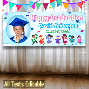 Kids Graduate Tossing Graduation Caps Cute Photo Banner