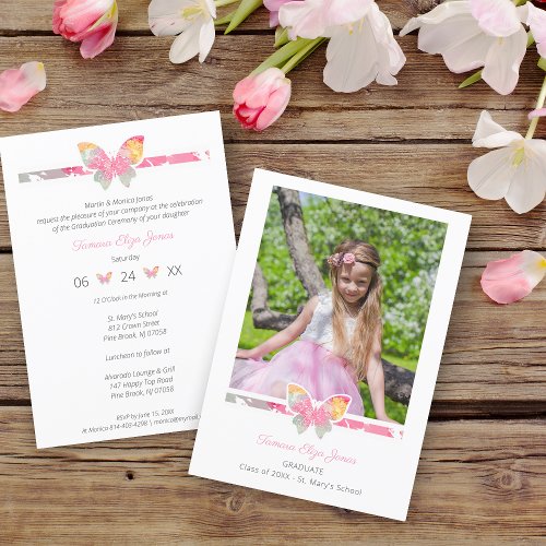 Kids Graduation Ceremony Colorful Butterfly Photo Invitation