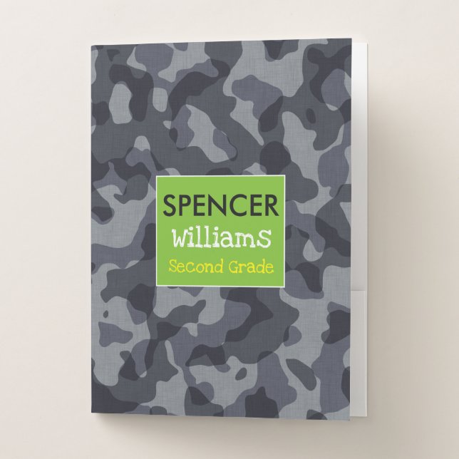 Kids Gray Camo Camouflage School Pocket Folder (Front)