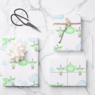 Kids Green Airplane Flying Aviation Birthday Wrapping Paper Sheets