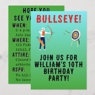 Kid's Green and Blue Bullseye Archery Birthday Invitation