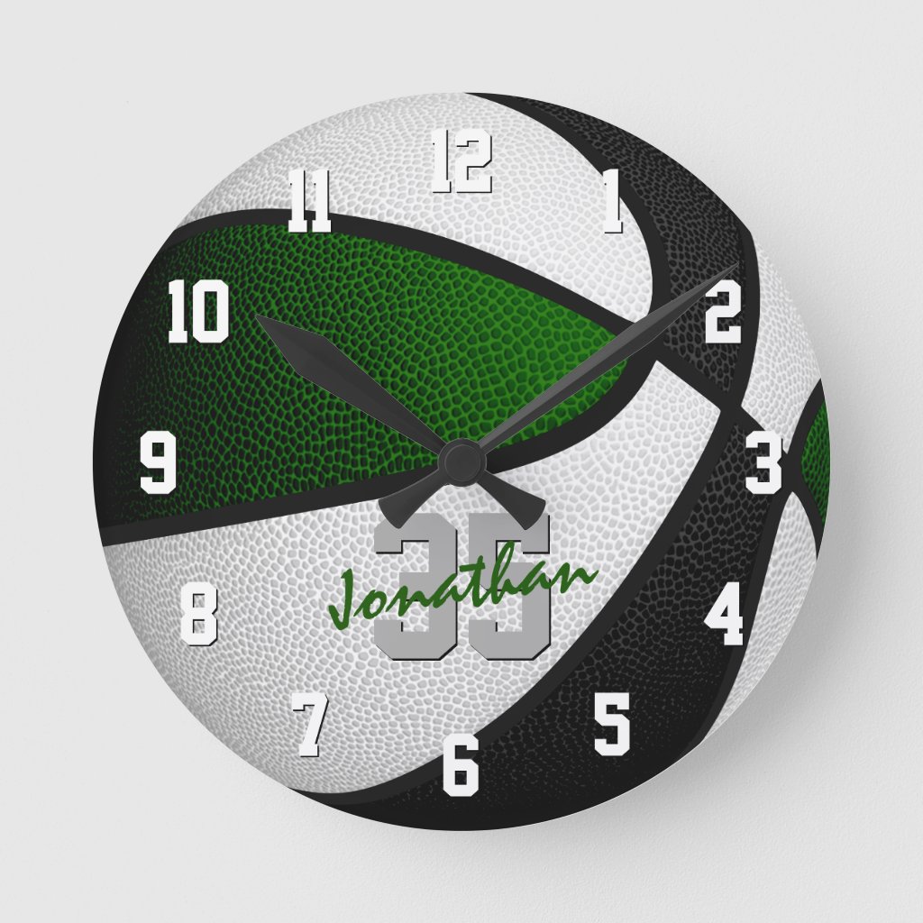Kids green black basketball sports room decor round wall clock