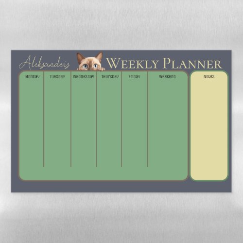 Kids Green Blue Name Cat Weekly Planner Magnetic Dry Erase Sheet