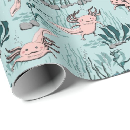 Kids Green  Blush Pink Underwater Axolotl Drawing Wrapping Paper