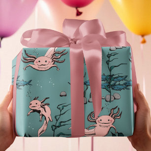 Kids Green & Blush Pink Underwater Axolotl Drawing Wrapping Paper