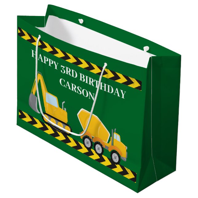 Kids Green Construction Truck Custom Boys Birthday Large Gift Bag (Front Angled)