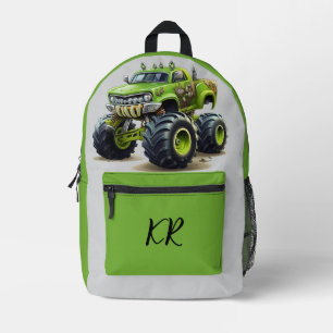 Kids Green Monster Truck Orange Flames Initials Printed Backpack