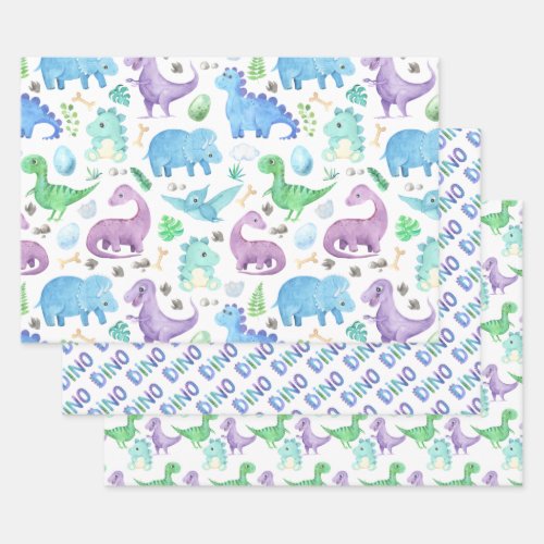 Kids Green Purple Blue Dinosaurs  Wrapping Paper Sheets