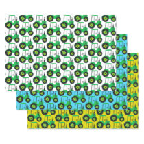 Kids Green Tractor Birthday Blue Yellow White Wrapping Paper Sheets