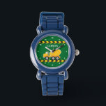 Kids Green Truck Custom Boys Name Watch<br><div class="desc">Cool custom construction vehicle kids watch for a child who loves yellow dump trucks in green. Fun vehicle gift for a little boy who loves cars and trucks. Customize with your kid's name under the black and yellow caution tape for a toddler.</div>