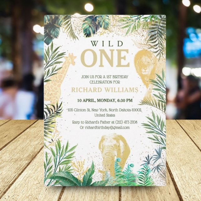 Kids Greenery Gold Wild Animals Jungle Party Invitation (Creator Uploaded)