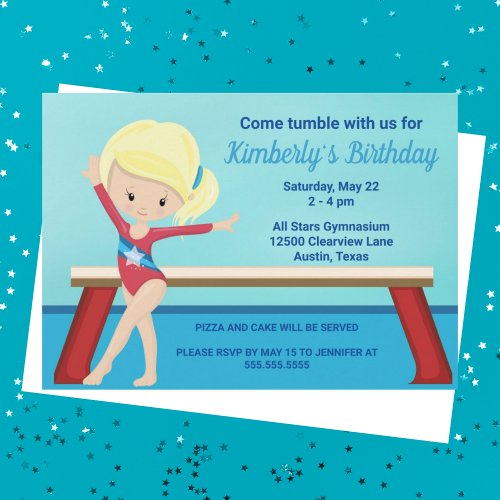 Kids Gymnastics Cute Blonde Girls Birthday Party Invitation