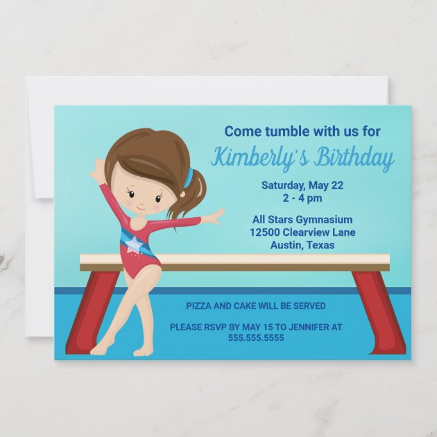 Brunette Girl Trampoline Childrens Birthday Party Invitations 