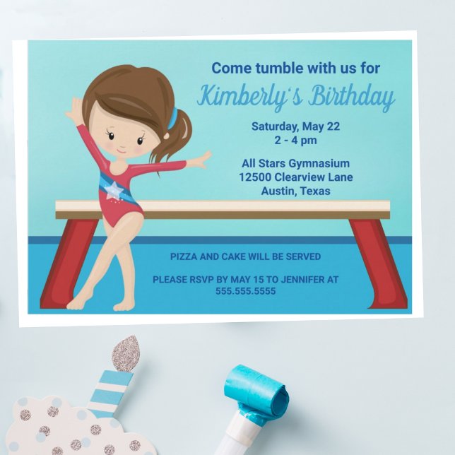 Kids Gymnastics Cute Blue Girls Birthday Party Invitation (Creator Uploaded)