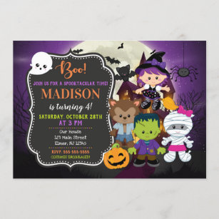 Personalised Halloween Witch Pumpkin & Ghosts Birthday Party Invites HW77