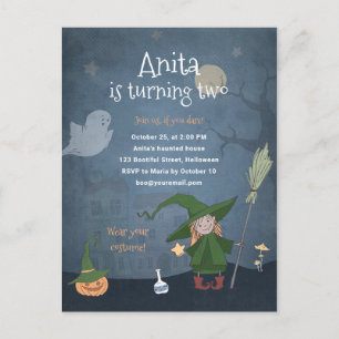 Kids Halloween Birthday Party Childrens Girl Cute Invitation Postcard