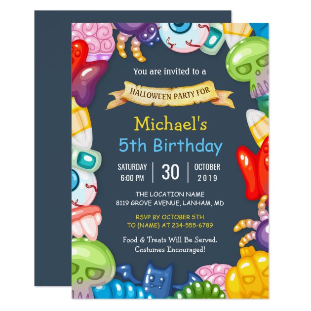 Kids Halloween Birthday Party Colorful Monsters Invitation