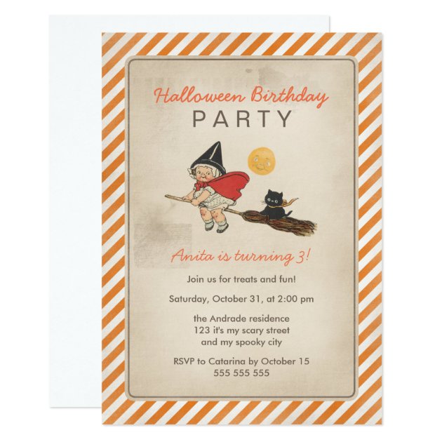 Kids Halloween Birthday Party Cute Witch Broom Cat Invitation