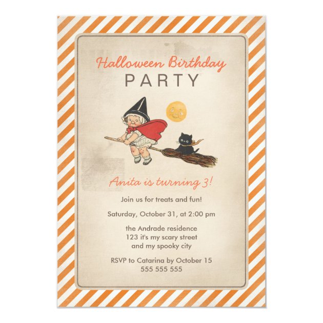 Kids Halloween Birthday Party Cute Witch Broom Cat Invitation