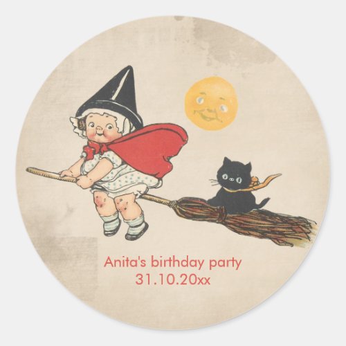 Kids Halloween Birthday Party Cute Witch Broom Cat Classic Round Sticker