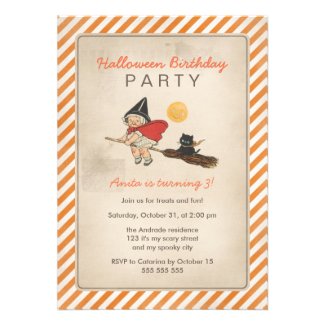 Kids Halloween Birthday Party Cute Witch Broom Cat Custom Invite