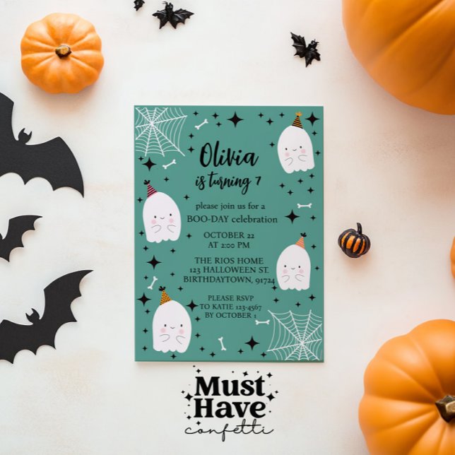 Kids' Halloween Birthday Party Ghosts Teal Invitation (Creator Uploaded)