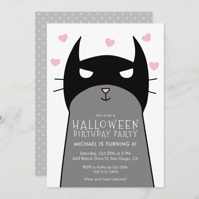 Kids Halloween Birthday Party Invitation | Bat Cat (Front/Back)