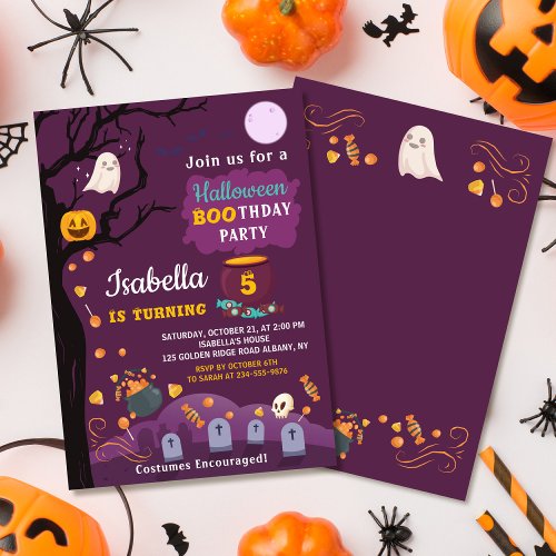 Kids Halloween Birthday Party Purple Black Invitation