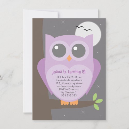 Kids Halloween Birthday Party Purple Owl Tree Invitation