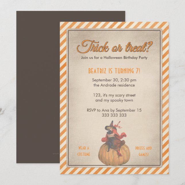 Kids Halloween Birthday Party Vintag Witch Pumpkin Invitation (Front/Back)