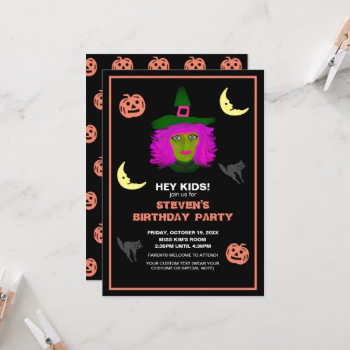 Kids Halloween Birthday Party Witch Pumpkins Invitation