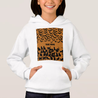 Kids Halloween Black Cat Bat Spooky Pattern Hoodie