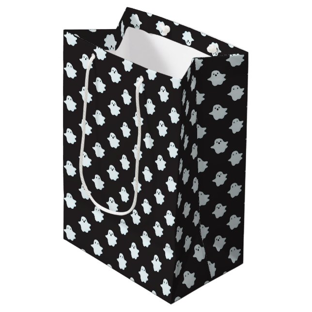 Kids Halloween Black w/ Cute White Ghosts Medium Gift Bag (Front Angled)