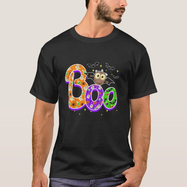 Kids Halloween Boo Owl With Spider Bat Pumpkin Boy T-Shirt (Front)