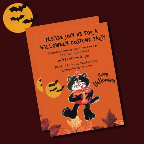Kids Halloween Cute Cat Costume Party Invitation