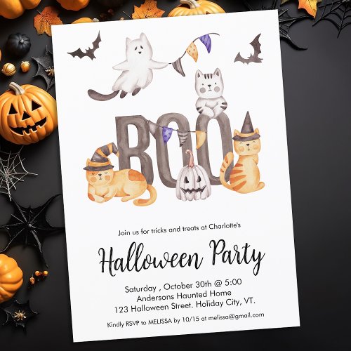 Kids Halloween Cute Cats Ghosts Pumpkin Party Invitation