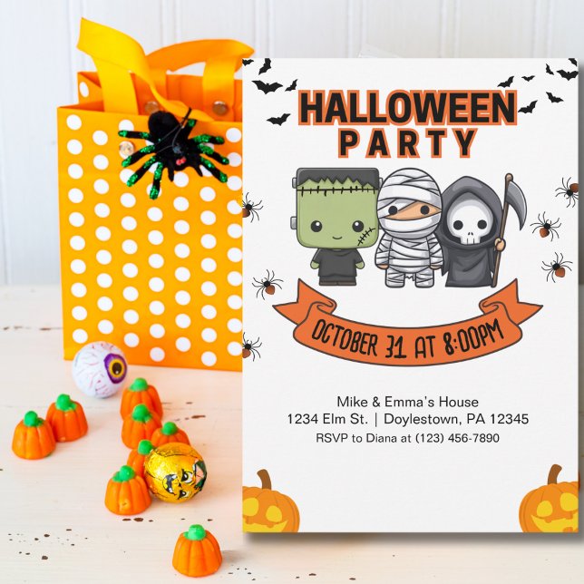 Kids Halloween Frankenstein Mummy Grim Reaper Invitation (Creator Uploaded)