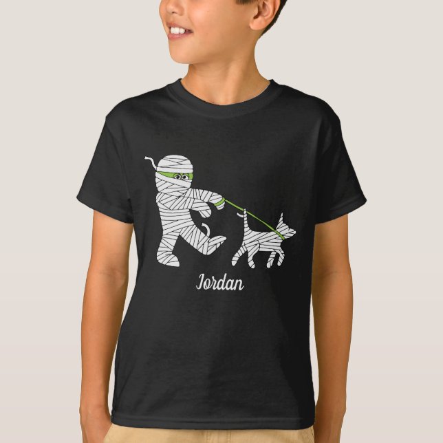 Kids Halloween Mummy Boy Walking Dog T-Shirt (Front)