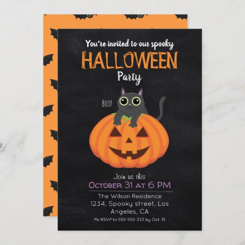 Kids Halloween party black cat pumpkin spooky cute Invitation