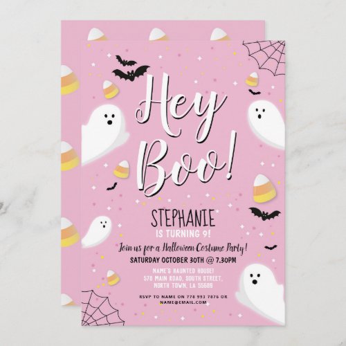Kids Halloween Party Costume Hey Boo Ghost Pink Invitation