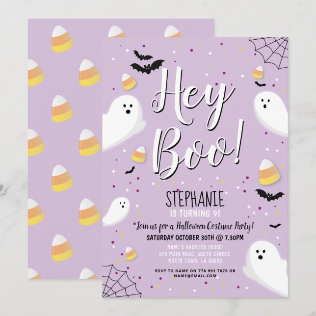Kids Halloween Party Costume Hey Boo Ghost Purple Invitation (Front/Back)