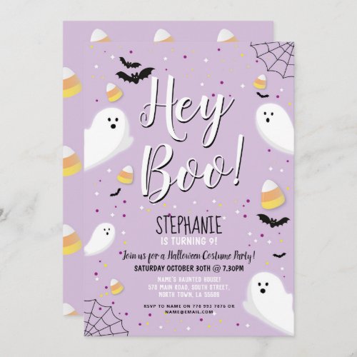 Kids Halloween Party Costume Hey Boo Ghost Purple Invitation