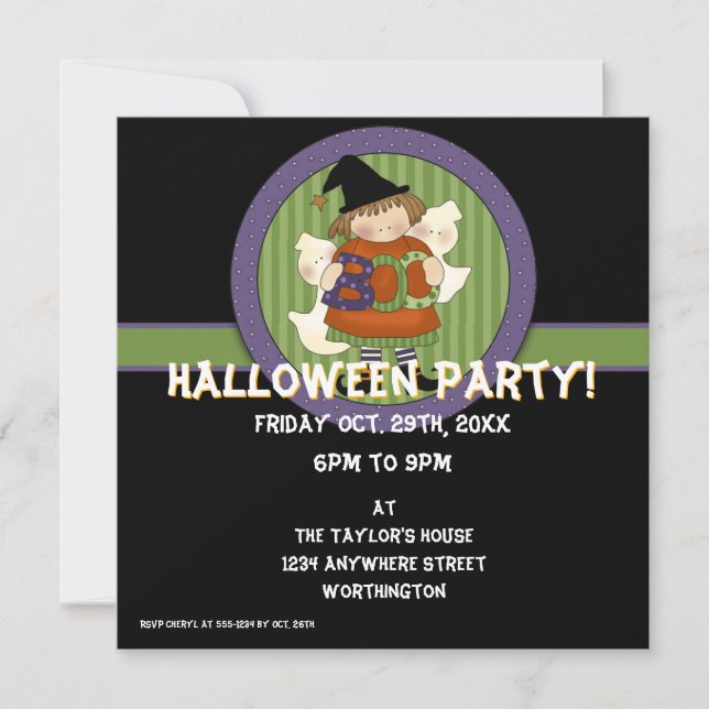 Kid's Halloween Party Invite Little Boo Witch 3 (Front)
