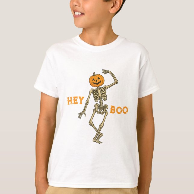 Kids Halloween Skeleton Pumpkin Head "Hey Boo!" -  T-Shirt (Front)