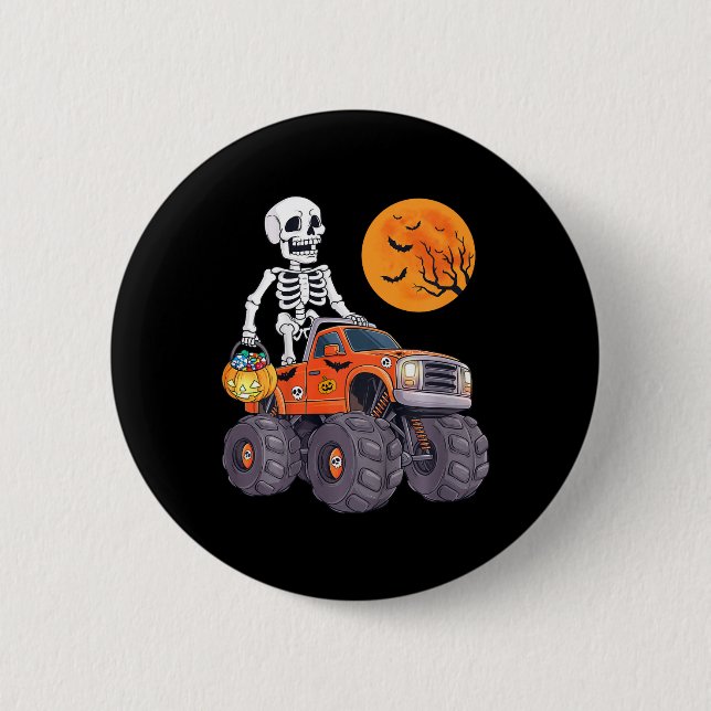 Kids Halloween Skeleton Riding Monster Truck Funny Button (Front)