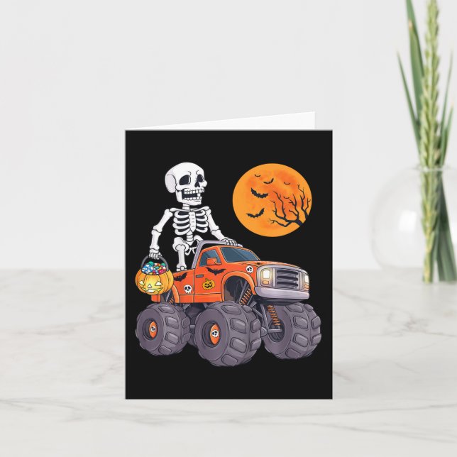 Kids Halloween Skeleton Riding Monster Truck Funny Card (Front)